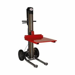 This modular electric-lift and manual-push fork-over stacker is designed for lifting and moving palletized loads in warehouses, manufacturing, and distribution centers. It features an electric screw drive lift mechanism with a maximum lifting height of 48 inches and a capacity of 350 lb. The fixed fork measures 24 inches in length by 24 inches in width, with a width across forks of 24 inches.