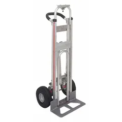 This MAGLINER convertible hand truck features a dual-handle design with a silver aluminum frame and flat-free tires. It offers three configurations for moving loads in warehouses, delivery, and industrial settings. Handle height is 45 inches.