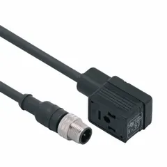 This cordset connects devices with a DIN Form B interface to M12 controllers, suitable for signal or power transmission in industrial automation. It features a 5 m PUR cable, black jacket, 5 pins, and IP67 rating for resistance to moisture and dust.