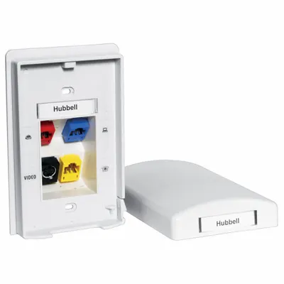 HUBBELL PREMISE WIRING Wall Plate: White, 1 Gang, 4 Port, Flat Module, Plastic - Tamper-Resistant Wall Plates