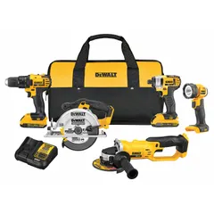 This 5-tool combo kit operates on a 20V MAX* battery system and includes a circular saw, drill/driver, impact driver, reciprocating saw, and work light. Suitable for general construction, remodeling, and maintenance tasks such as framing, cutting, fastening, and demolition. Kit includes battery and charger.