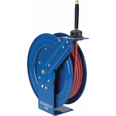 COXREELS Spring Return Hose Reel: 50 ft (1/2 in I.D.), 1/2 in MNPT, 300 psi Max Op Pressure - Large-Frame Air or Water Spring-Return Hose Reels with Movable Arm