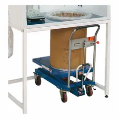 This manual drum lift is constructed from powder-coated steel. It is designed for use with bulk enclosures to raise and position drums. Typical applications include industrial fume hood and containment setups requiring ergonomic drum handling.