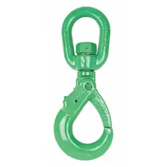 Self-locking hook for lifting applications, constructed from alloy steel with a green finish. Grade 100 rated, swivel design allows rotation under load. Suitable for rigging and material handling tasks requiring secure load attachment.
