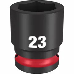 This 1/2" drive impact socket features a 23 mm metric, 6-point design for use with impact wrenches in fastening and loosening hex fasteners. The black phosphate finish provides corrosion resistance. Suitable for heavy-duty applications in automotive, construction, and industrial maintenance.