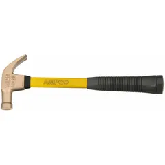 This curved-claw hammer features a non-magnetic aluminum-bronze head for use in environments where spark resistance and non-magnetic properties are required. The fiberglass handle with ribbed grip provides secure handling. Head weight is 1 lb; overall length is 14 in.