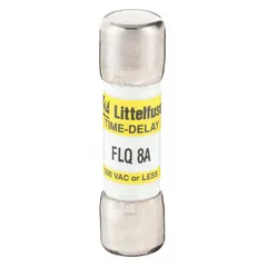 Midget time-delay fuse rated 8 A, 500 V AC, 300 V DC. Dimensions 13/32 in x 1 1/2 in. Provides overcurrent protection with delayed response for inrush currents in control panels, motor circuits, and lighting systems.