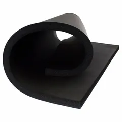 This Buna-N rubber/PVC insulation sheet is 1 inch thick and measures 4 feet by 35 feet. It has an R-value of 4 and a plain backing. The black sheet is plenum rated, making it suitable for use in air-handling spaces. It is commonly applied for thermal insulation in HVAC, plumbing, and industrial piping systems.