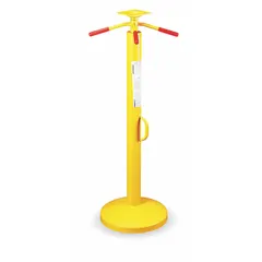 This spin-top operated trailer-stabilizing jack is designed to stabilize and level trailers during loading, unloading, or storage. It features a round, yellow construction with a minimum lift height of 44 inches and a maximum lifting capacity of 5,000 lb.