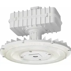 Round LED bay light with 26,515 lumens, 5000K color temperature, and wide distribution pattern. Operates on 120 to 277V AC and is suitable for mounting heights from 12 ft to 30 ft. Designed to replace (6) lamp LFL fixtures in high-bay applications such as warehouses and industrial facilities.