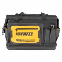 This DEWALT wide-mouth tool bag is constructed from ballistic nylon in yellow. It features 33 pockets for organized storage of hand tools, power tools, and accessories. Suitable for use on construction sites, in workshops, and for maintenance tasks.
