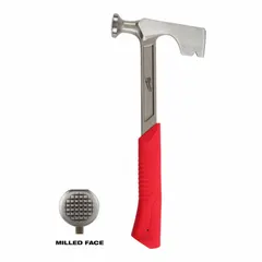 Hammer hatchet with 15 oz steel head and steel blade for driving nails and scoring drywall. Steel handle provides structural rigidity. Used in drywall installation and framing tasks.