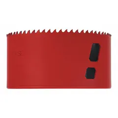 This hole saw cuts through wood, metal, and plastic. It has a 4 1/8 in diameter, 5/6 teeth per inch, and a maximum cutting depth of 1 7/8 in. The 5/8"-18 thread size allows attachment to compatible arbors. Suitable for construction, plumbing, and electrical work.