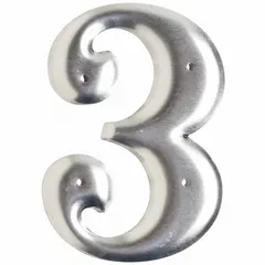 Silver aluminum utility pole marking number with uppercase character '3'. Character height 3 in, overall width 2 in. Supplied in packs of 10 pieces. Used for identifying utility poles, structures, or equipment in outdoor environments.