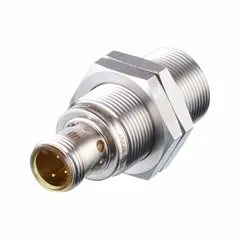 Shielded inductive proximity sensor with built-in 3-pin M12 connector. Normally open output, rated for 10-30V DC supply. Detects metallic objects without contact for position sensing and part detection in industrial automation.