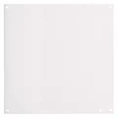 Steel back panel with powder-coated finish for interior mounting in electrical enclosures. Measures 11 inches in overall height and 11 inches in overall width. Used to mount components such as terminal blocks, relays, and contactors in industrial control panels and switchgear.