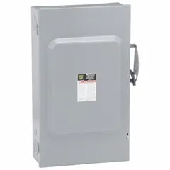 The SQUARE D D224N is a 200 A, single-phase, fusible safety switch rated for 240V AC. It features a galvanized steel enclosure designed for indoor use. This switch is used for safely disconnecting electrical power in industrial and commercial applications.