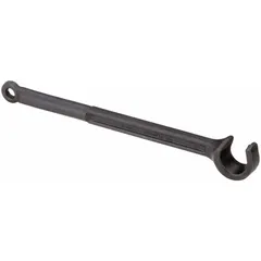 This single end valve wheel wrench is made from alloy steel and has an overall length of 15 1/2 inches. It is used for manually operating valve wheels in industrial piping systems, such as those found in plant maintenance and water treatment facilities.