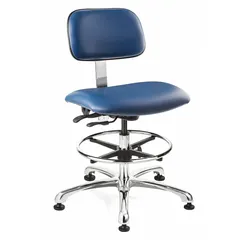 This armless cleanroom task chair is constructed with vinyl upholstery suitable for ISO 6 controlled environments. It features an aluminum base with foot support, adjustable back tilt (11° forward, 15° backward) and seat tilt (6° forward and backward). Seat dimensions are 20 inches wide by 17 inches deep, with a height range of 22 to 32 inches.