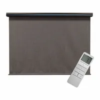 Motorized outdoor sun shade with remote control, part of the Regal Series. Features a 7 ft valence width, black fabric, and oil-rubbed bronze valance. Uses a cable tie-down system for secure installation. Suitable for patios, decks, and pergolas to provide sun control and privacy