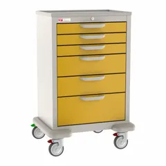 Polymer cart with taupe cabinet and yellow drawers. Equipped with two swivel casters and two swivel casters with brake. Used in healthcare settings for organizing and transporting medical supplies, instruments, and medications.