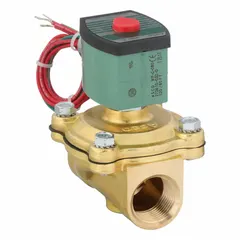 This 2-way, 2-position normally closed solenoid valve is designed for high-flow applications. It features a 1 in pipe size and operates on 120V AC with a watertight coil enclosure. Suitable for on/off control of liquids or gases in industrial fluid systems.