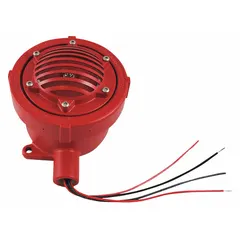 This vibrating horn from Federal Signal is designed for hazardous locations and suitable for indoor/outdoor use. It operates on 24V DC and produces a horn sound for audible alarm signaling. The red housing is part of the FHEX series.