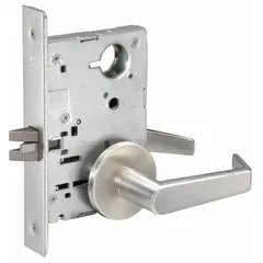 This passage lever lockset features an Augusta-style lever with a satin chromium-plated finish. It is ADA compliant and designed for ANSI F01 passage function, allowing free egress without locking. Suitable for interior doors where locking is not required, such as restrooms, corridors, or closets.