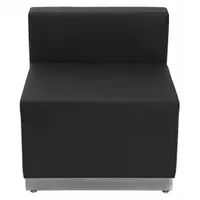 Accent chair with faux leather back, seat, and overall material. Gray finish. Overall height 27 in, overall width 25 1/2 in. No casters or glides. Suitable for seating in lobbies, waiting areas, or home offices