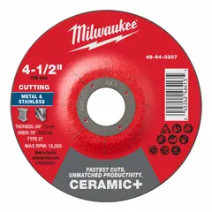 Type 27 cut-off wheel for carbon and stainless steel. Ceramic abrasive with 46 grit provides cool cutting action. Commonly used in fabrication, maintenance, and metalworking for cutting and slotting operations.