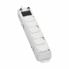 UL 1363A certified power strip with 6 outlets, 15 ft cord, and 15 A rating. White finish with 5-15P plug and keyhole mounting for secure installation. Suitable for powering equipment in healthcare settings.