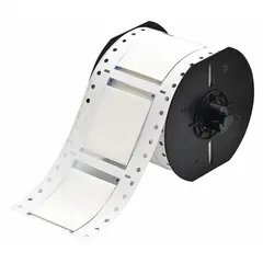 White matte polyolefin sleeve label roll for wire and cable identification. Each label measures 1 1/2 in x 2 in and fits wire diameters from 0.5 in to 1.45 in. Compatible with the i3300 printer series. Used for marking wires in industrial settings.