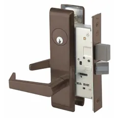 This office lever lockset features a Dark Oxidized Satin Bronze finish with oil-rubbed highlights, designed for commercial doors requiring ADA-compliant lever operation. It incorporates Large Format Interchangeable Core (LFIC) security and carries an F20 fire rating. Suitable for institutional or high-traffic interior applications.