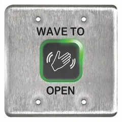Wave-to-open touchplate for automatic door exit devices. Activates door opening via hand wave, enabling touchless operation. Measures 4 1/2 in height by 4 1/2 in width. Suitable for commercial, healthcare, and retail settings where hands-free access is desired.