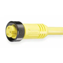 Single-ended cordset with a yellow PVC jacket for flexing applications. Features an M12 female right-angle connector on one end and bare wire on the other. 4 pins, 22 AWG wire, 2 m cable length, 4 A max current. Rated IP67 and NEMA 6P for protection against dust, water, and flexing in industrial environments.