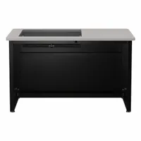 This computer desk features a wood desktop with a Gray Matrix finish and a black steel frame. It includes a modesty panel for a clean appearance. With a 48-inch width and 31-inch height, it provides a surface suitable for monitors, keyboards, and paperwork in office or home workstations. Supplied as a kit