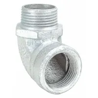 This 90° short elbow is made of plain iron and has a 1/2 in trade size with NPT male-to-female threads (1/2"). It is UL 514B listed and compatible with IMC and RMC conduit. Used to change direction in conduit runs for electrical wiring protection