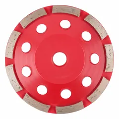 Double-row diamond segment cup grinding wheel with 4-1/2" diameter and 5/8"-11 threaded arbor. Features 9 diamond segments for grinding concrete, masonry, and stone surfaces. Suitable for surface preparation, leveling, and edge work in construction and renovation applications.