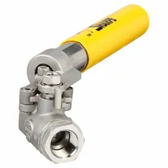 Straight valve body ball valve with 316 stainless steel construction and polymer seat. Features FNPT x FNPT connections and a locking lever handle for secure on/off flow control. Suitable for use in industrial piping systems handling liquids, gases, or steam.
