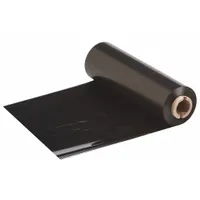 Black resin ribbon for thermal transfer printing, solvent-resistant and RoHS compliant. Compatible with THT 1" core printers and BBP12 printer series. Used for industrial labeling applications such as asset tags, safety signs, and wire/cable identification