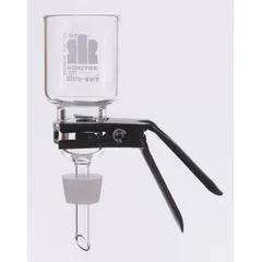 Microfiltration assembly with 47 mm diameter and 100 mL funnel capacity. Non-sterile, includes silicone stopper. Suitable for liquid filtration in laboratory sample preparation and particle analysis.