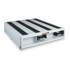 Steel bed-mount storage drawer unit with three drawers. Measures 36 inches wide, 48 inches deep, and 9 inches high. White finish. Suitable for organizing tools and parts in service trucks or vans.