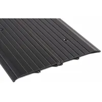 Aluminum saddle threshold, 3 ft long, with a fluted surface for traction. Designed to seal the gap under a door opening and provide a finished transition between flooring surfaces in commercial or industrial doorways