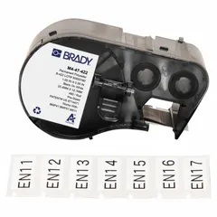 Precut label roll cartridge for M510 printer series. Labels are 1/2 in x 1 in, polyester, black on white. Used for industrial labeling in controls, automation, and electrical applications.