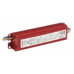 Standard emergency ballast for fluorescent fixtures. Operates on 120/277V AC input. Supports 1-2 bulbs up to 215 W total. Provides backup lighting during power outages.