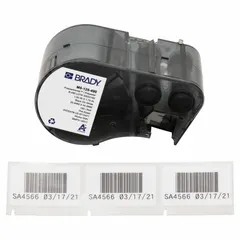 Thermal transfer precut label roll cartridge containing rectangle labels, 1 in x 1 3/4 in, made of cryogenic autoclavable polyester. Designed for labeling 8.0 mL vials or tubes. Compatible with M510 printer series.