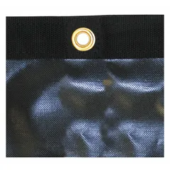 Standard-duty 10 mil black vinyl tarp with PVC coating, measuring 15 ft by 7 ft and weighing 12 oz/sq yd. Designed for high-heat asphalt applications such as covering hot-mix loads or protecting equipment from heat and debris.