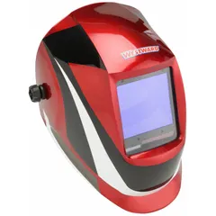 Auto-darkening welding helmet with black/red/white graphics, constructed of nylon. Features 4 arc sensors, analog ADF control, and a viewing area of 3.74 in x 3.34 in. Welding shade range W5-13 with grind mode. Ratchet suspension adjustment. Suitable for MIG, TIG, and stick welding applications.