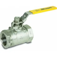 This SHARPE manual two-way ball valve features a 3-inch stainless steel straight two-piece body with FNPT x FNPT connections. It is equipped with a locking lever handle for secure on/off flow control. Typical applications include industrial piping systems for water, oil, gas, and chemicals where corrosion resistance is required.