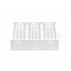 This polypropylene test tube rack holds 120 tubes in a white, corrosion-resistant frame. It is used in laboratories for organizing, storing, and transporting sample tubes during testing, analysis, or experiments. The rack measures 2 1/2 inches in height and fits standard benchtop and refrigerator spaces.